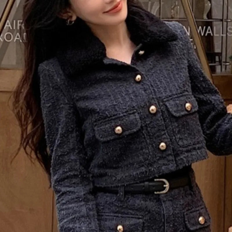 ANJY Autumn Winter New Women Washed Distressed Light Luxury Long Sleeve Fur Collar Denim Jacket Chic Ins High Street Coat A11107