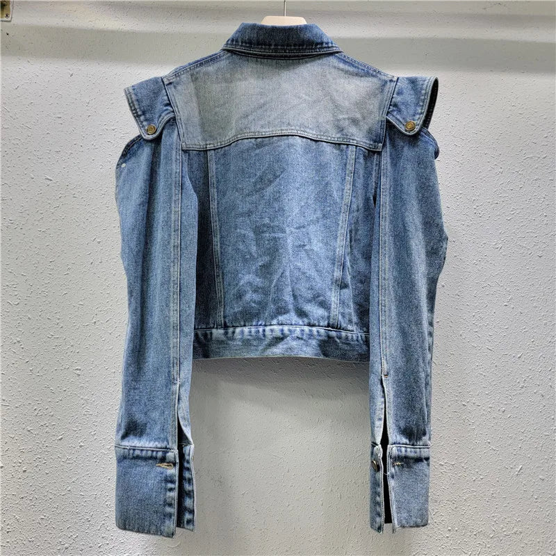 Trendy New Women's Off-shoulder Jeans Jacket Design Denim Coat Autumn Fashion Double Lapel Long Sleeves Jacket Female Streetwear