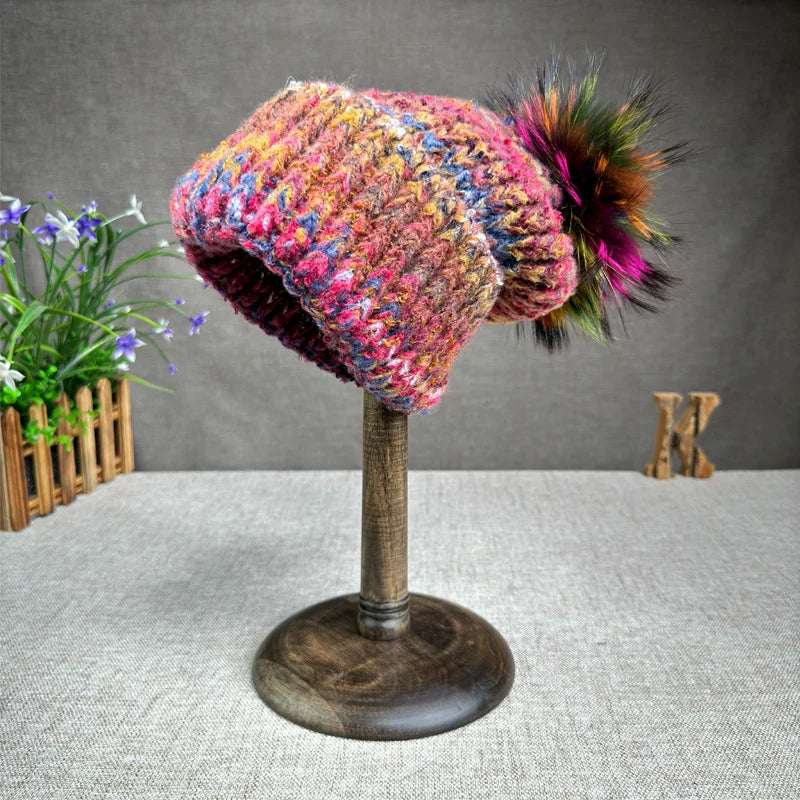 Autumn and winter colorful wool blend women's warm real fox fur ball hat European and American travel Christmas fashion