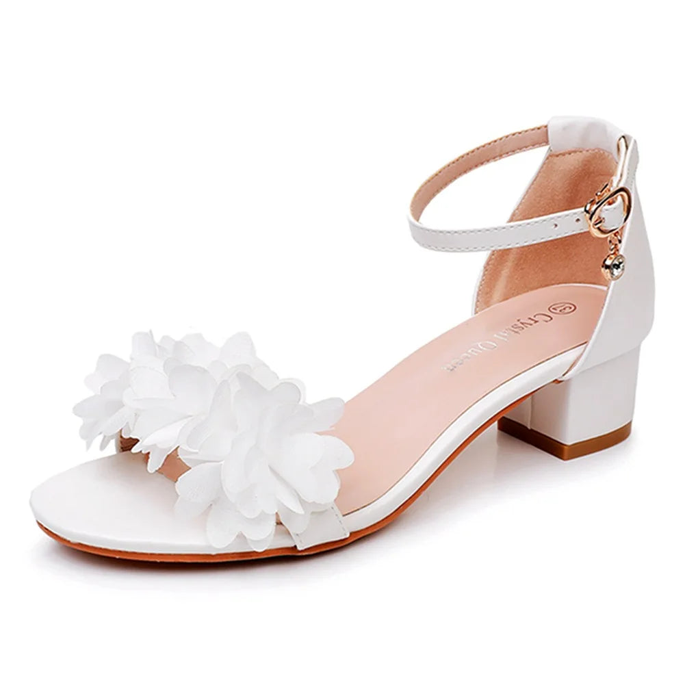 White Women Flower Wedding Shoes Bride Black Thick Heels Party Fashion Open Toe Sandals Summer