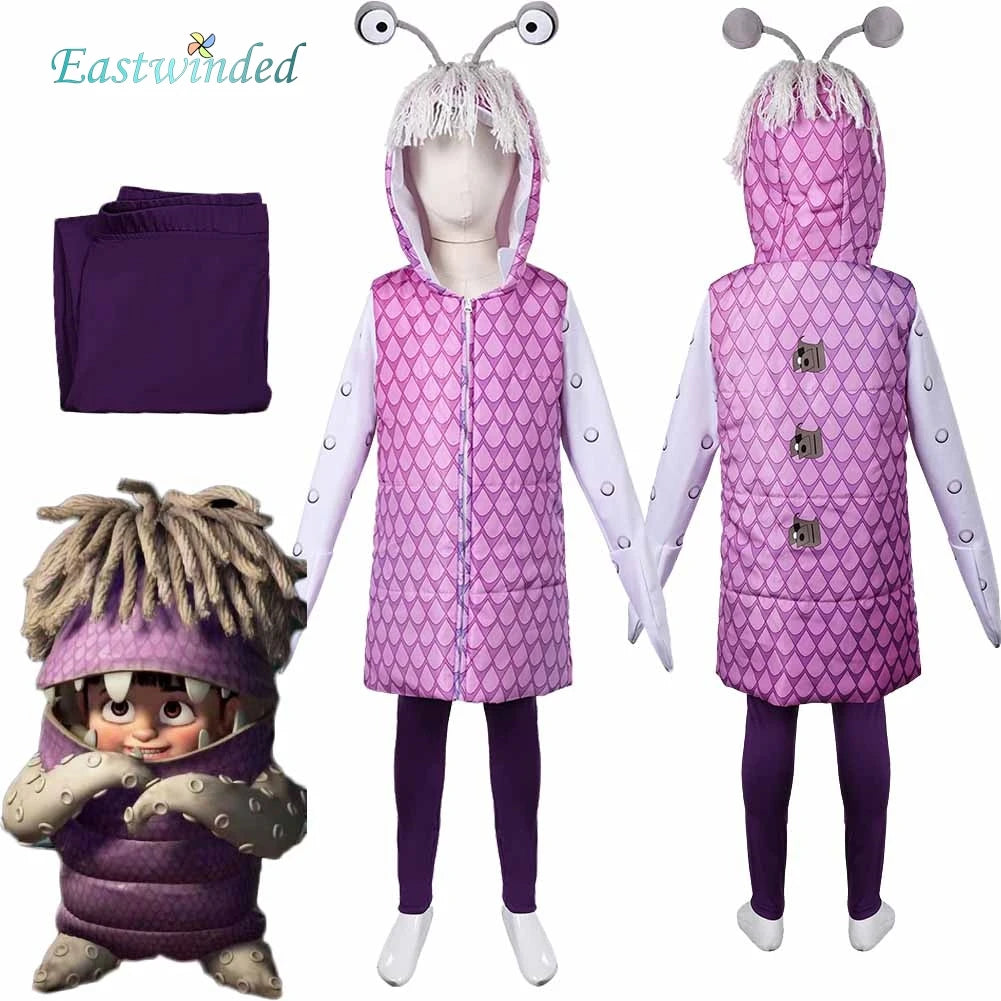 Kids Cartoon Monsters Inc Boo Cosplay Purple Costume Hooded Coat Pants Monsters Hat Girls Halloween Roleplay Outfits Party