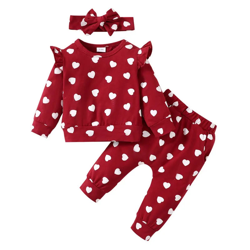 Newborn Baby Girl Pant Sets Autumn Clothes Heart Long Flying Sleeves Tops and Pants Bow Headband Baby Items Clothing