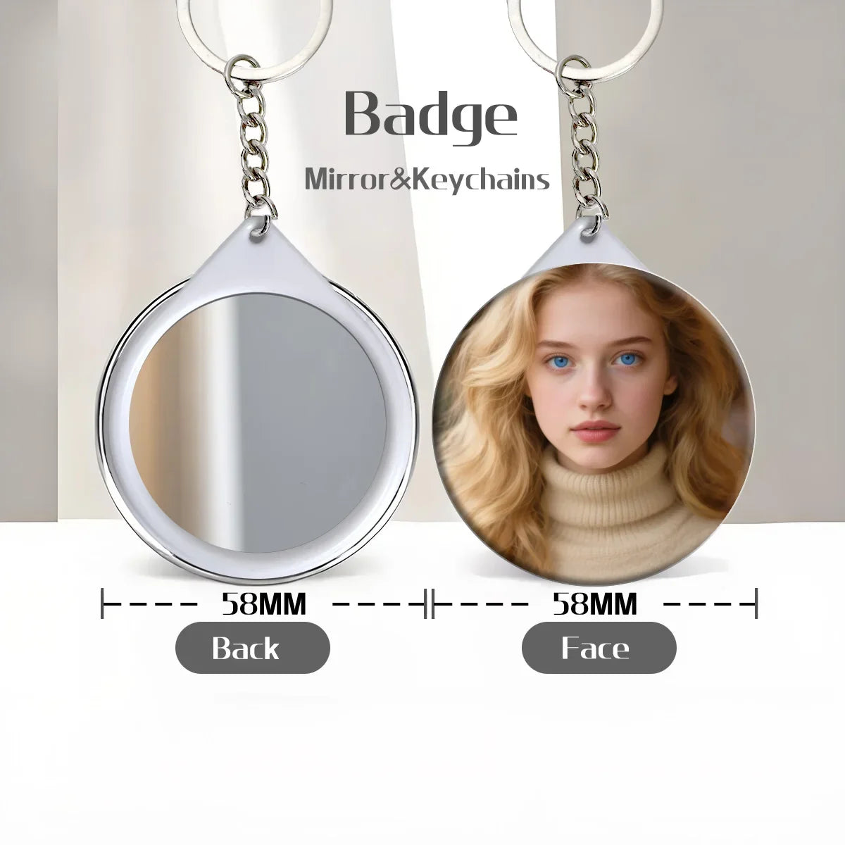 58mm Sparkling Pink Hair Girl Collector's Metal Pin Tinplate Badge with Glass Glitter Film Refrigerator Magnet Mirror Keychain