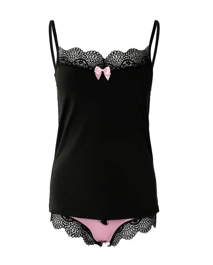 Plus Size Sexy Women Lingerie Set Heart Print Lingerie Lace Pajamas Trim Bowknot Decor Cami Top Lace Patch Shorts Sleepwear Set