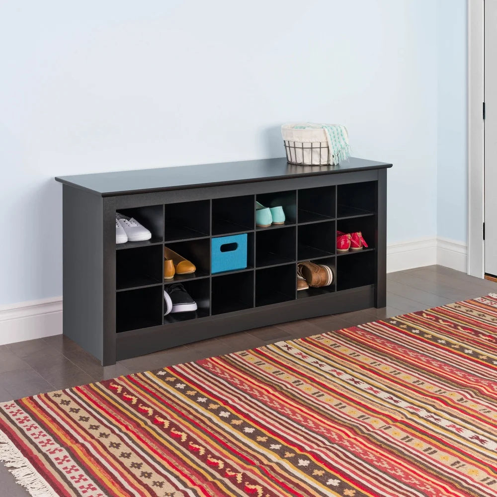 18 Pair Shoe Storage Cubbie Bench Indoor Entryway Organizer Durable Composite Wood Black Easy Assembly Utility Room