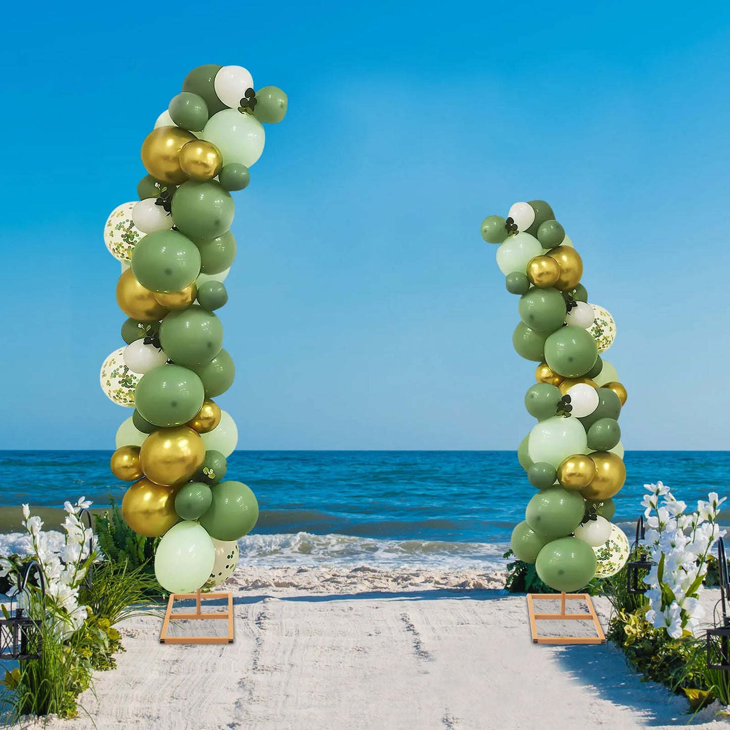 2 Pieces Gold Wedding Arch Balloon Flower Backdrop Stands Road Guide Wedding Stand Curved Top Frames 6ft, 8ft