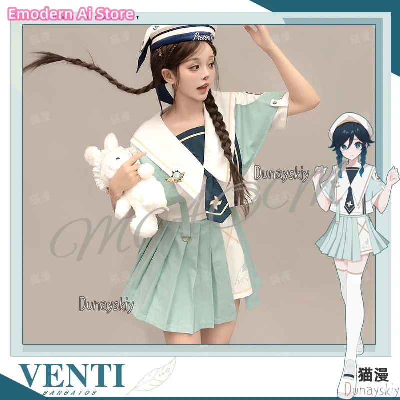 Anime Genshin Impact Cosplay Venti Women jiakei Dress Costumes Loose Jacket Coat Hoodie Short Sleeved Skirt Set Disguise Outfit