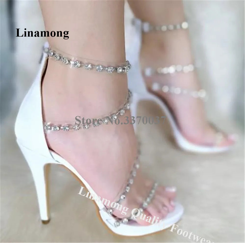 Linamong Bling Bling Rhinestones PVC Straps Thin Heel Sandals Charming Transprent Crystals White Red Stiletto Heel Wedding Heels
