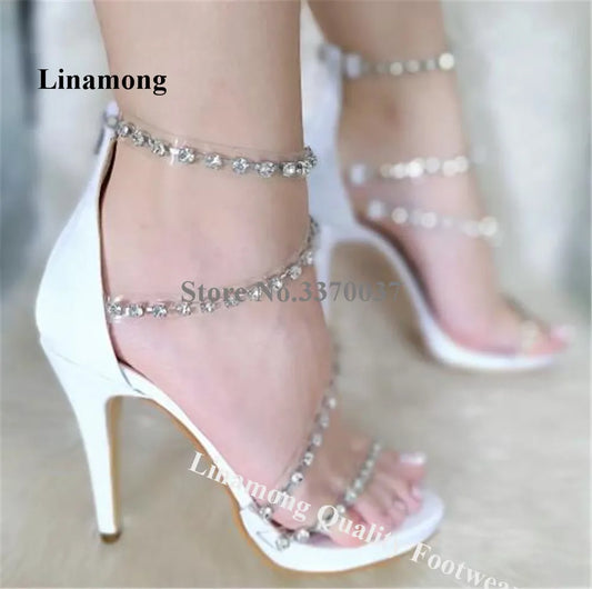 Linamong Bling Bling Rhinestones PVC Straps Thin Heel Sandals Charming Transprent Crystals White Red Stiletto Heel Wedding Heels