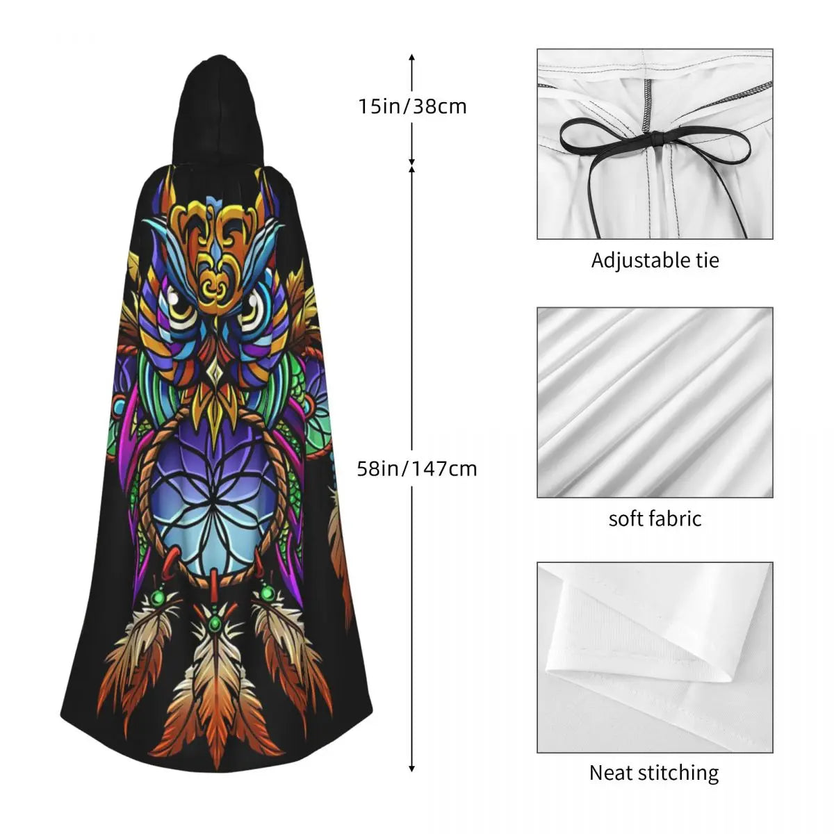 Dreamcatcher Owl Long Hooded Cloak Witch Medieval Costume Cosplay Cape HalloweenVampire Adult Unisex