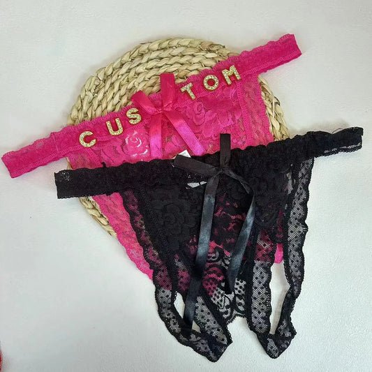 Custom Name Thong Sexy Lace Bowknot For Women Personality Panties With Crystal Letter Customize Hotwife Lingerie Gifts For Wife