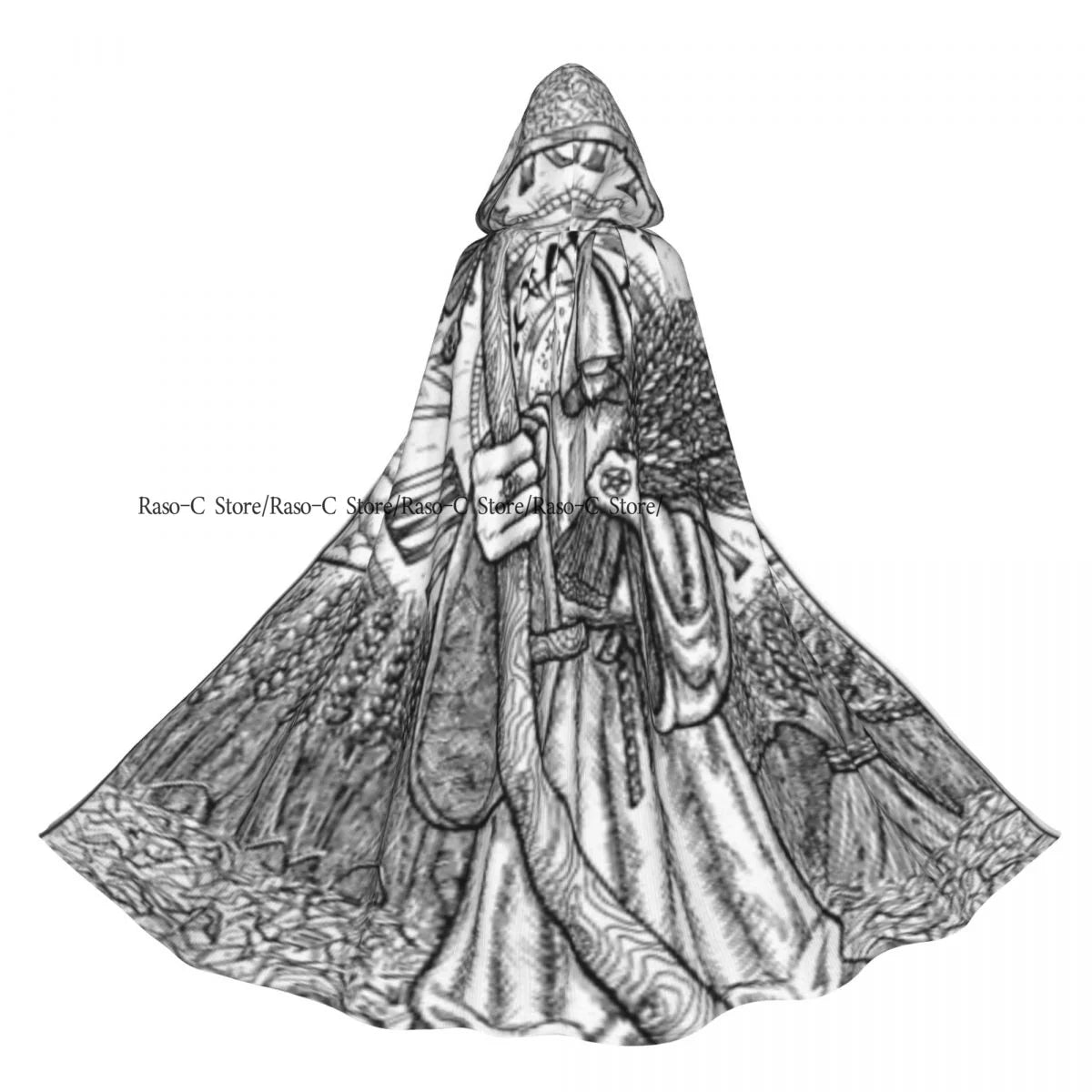 Tarot Card Gothic Pattern Hooded Cloak Polyester Unisex Witch Cape Costume Accessory