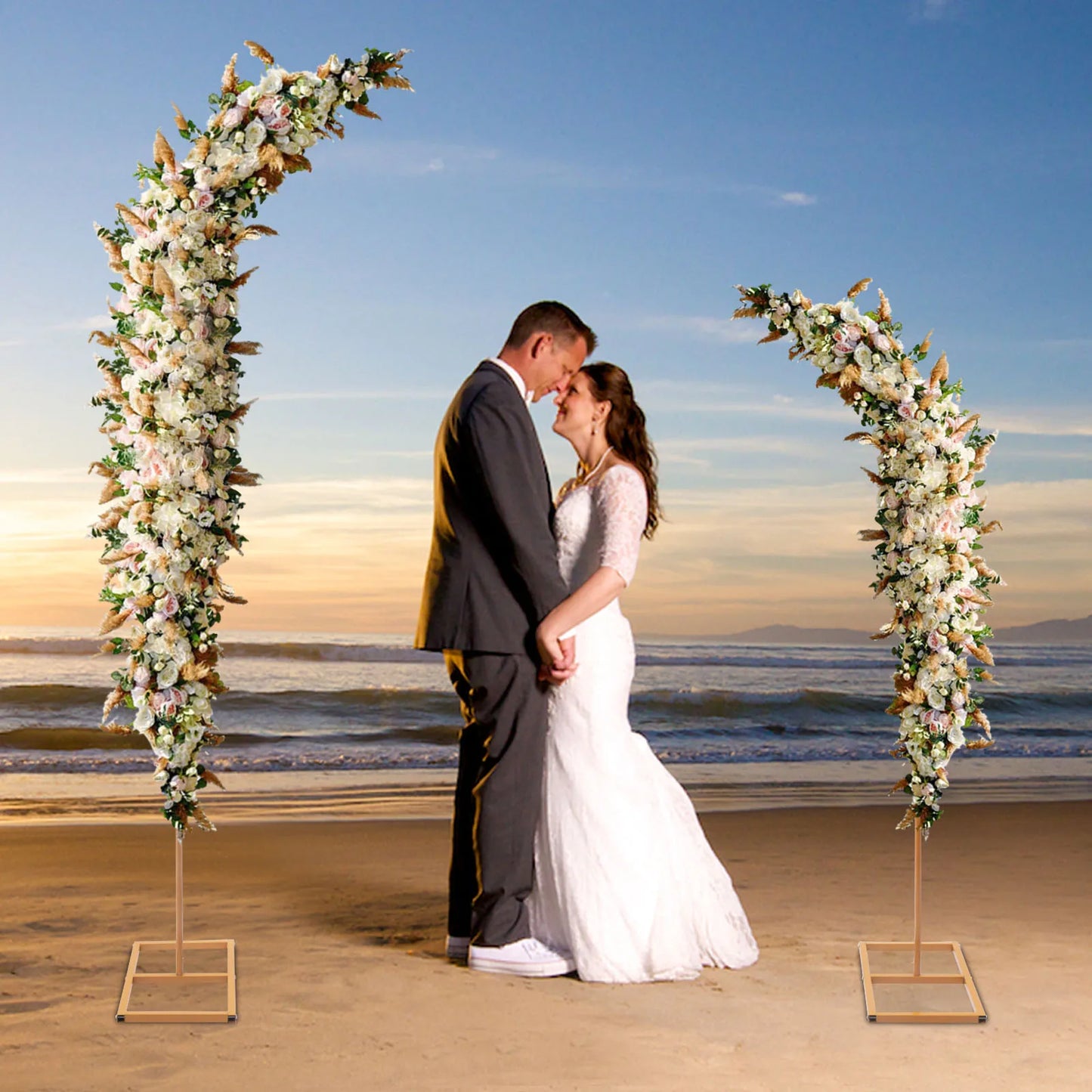 2 Pieces Gold Wedding Arch Balloon Flower Backdrop Stands Road Guide Wedding Stand Curved Top Frames 6ft, 8ft