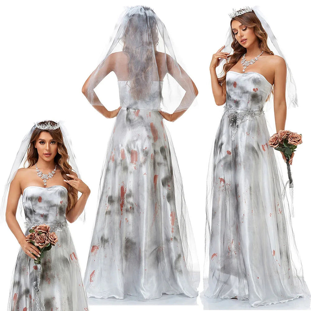 Fantasia Ghost Bride Cosplay Veil Clothing Halloween Horror Disfraz Costume Women Outfits Halloween Carnival Party Clothes