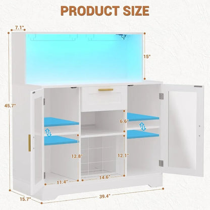 Coffee Bar Cabinet with RGB LED Light and Storage Hutch for home bar use, white MDF material, modern design with adjustable she