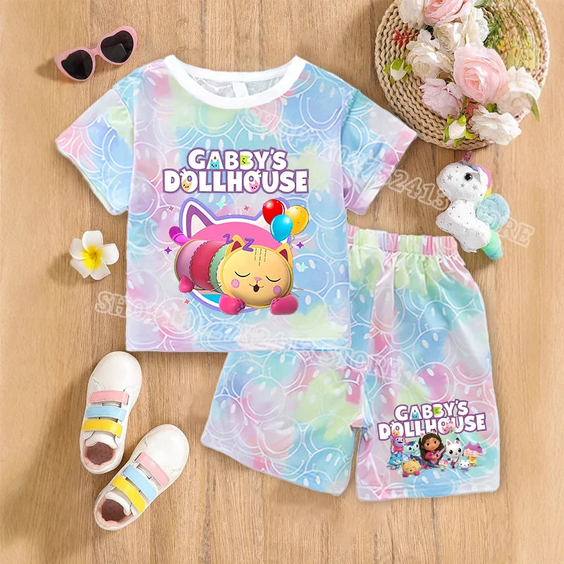 2pcs Gabby Dollhouse Sets Summer Breathable Sweat Absorbent Kids Clothes Baby Girls Kawaii anime Smile Short Sleeve Thin Suit