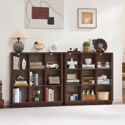 Living room and home office bookshelf: walnut wood 9-cube organizer with curved edge, 40.5 wide floor-standing 3-tier cubby she