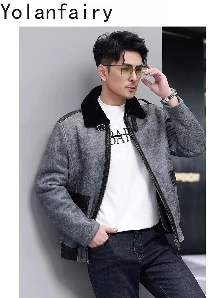 YOLANFAIRY Short Natural Fur Coat Man Fashion Genuine Sheepskin Leather Jacket Men Winter Slim-fit Warm Leather Fur Jackets 2025