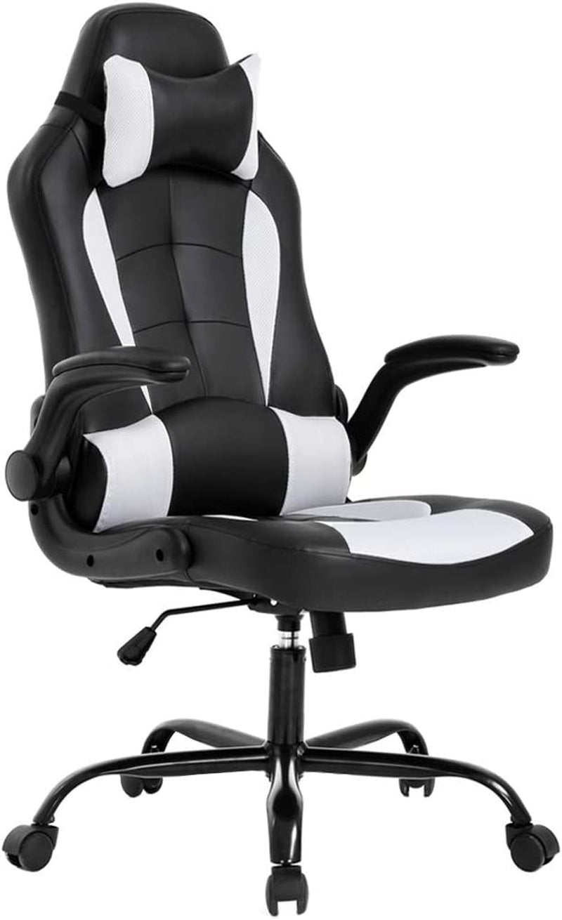 PC Gaming Chair White With Lumbar Support And Flip Up Arms