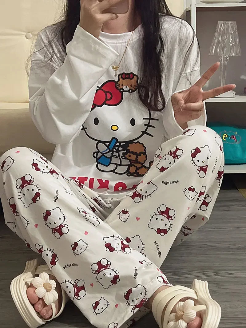 Hello Kitty Cartoon Girl Long Sleeved T Shirt Home Clothes Set Anime Sanrio Print Kawaii Spring Autumn New Trousers Pajama Sweet