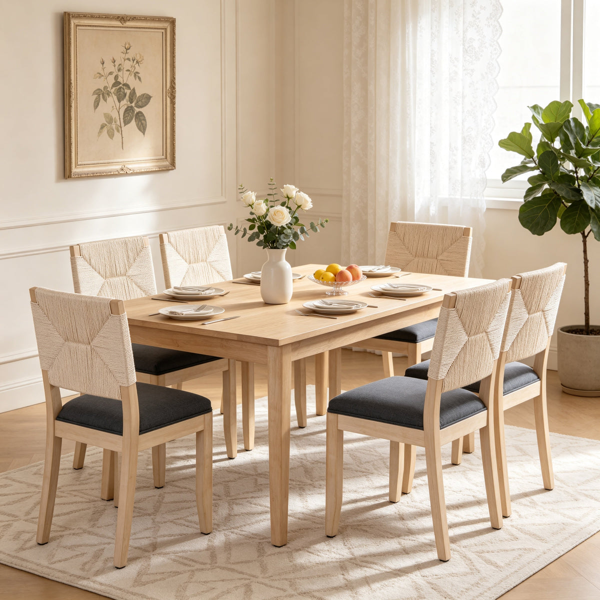 Dining Chairs Set of 2 with Woven Rope Backs and Linen Seats, French