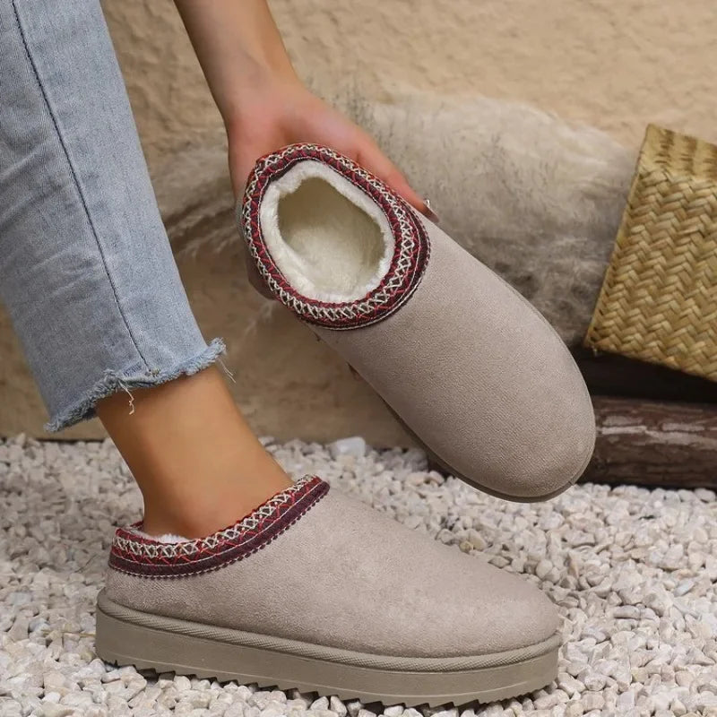 Women Warm Snow Boots Comfortable Cotton Shoes Close Toe Hair Half Slippers Female Autumn Winter Slip on Platform Boots Woman