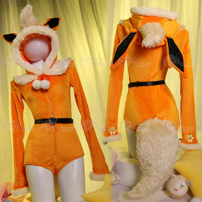 Women Derivative Fluffy Bodycon Romper Sexy Lingerie Furry Hooded Jumpsuit Bunny Girl Cute Pajamas Homewear Tail Belt Socks