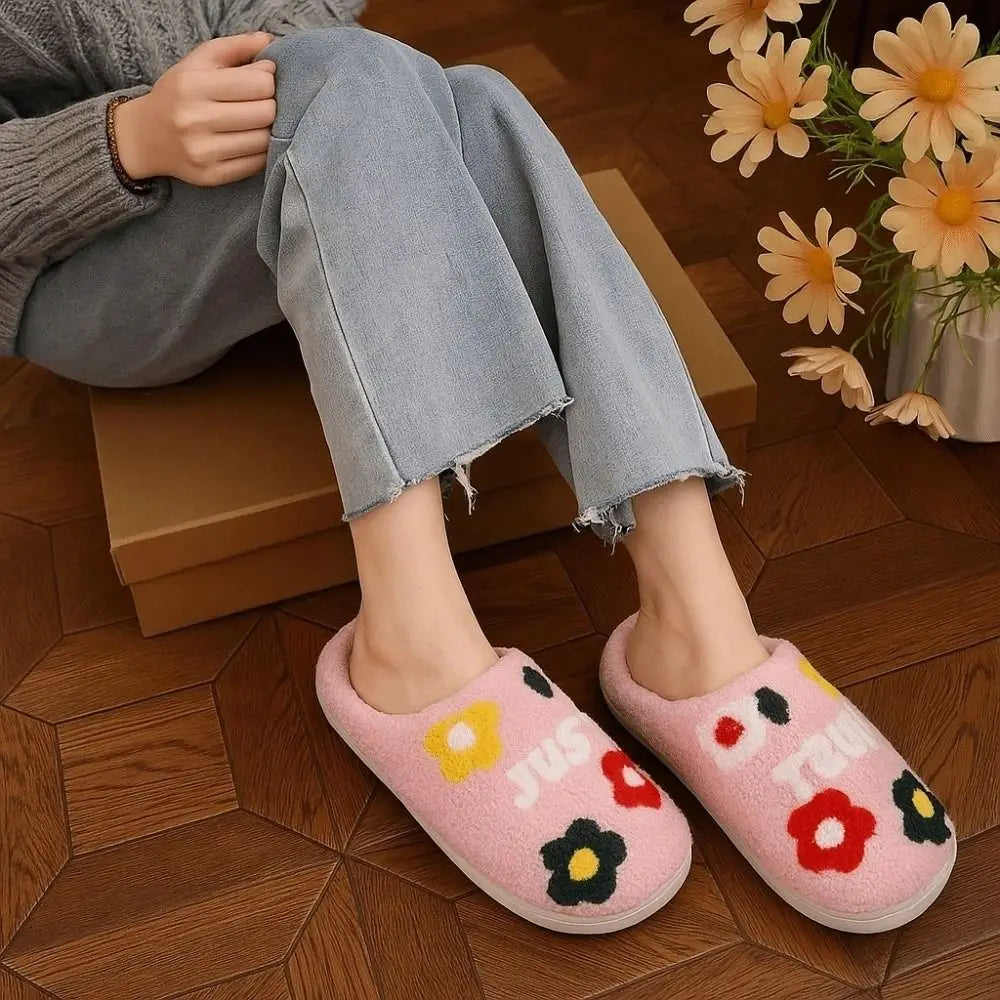 Soft Flowers Cotton Slippers Fluffy Slides Anti-slip Winter Warmer Slippers Furry Green Haired Warm Home Cotton Shoes
