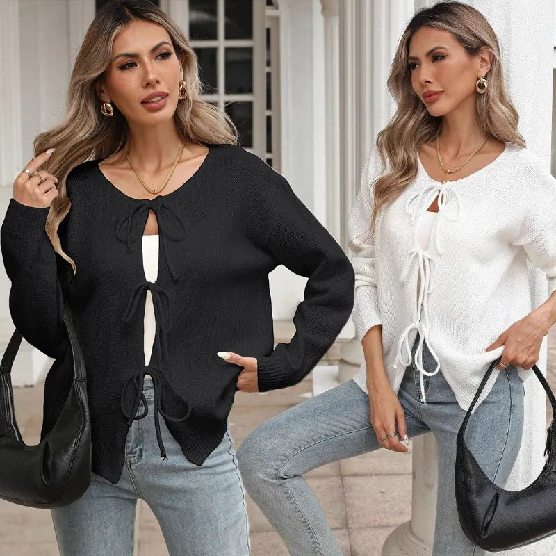Elegant Women's Knit Cardigan with Decorative Bow Round Neck Casual Long Sleeve Cover Up Soft Chunky Sweater Coat