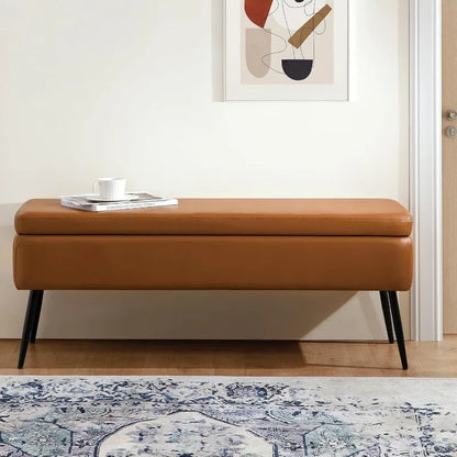 Leather Storage Ottoman Bench,End of Bed Bench Living Room Bedroom Dinning Room Entryway,Loads 660 lb (Without Button, Brown)