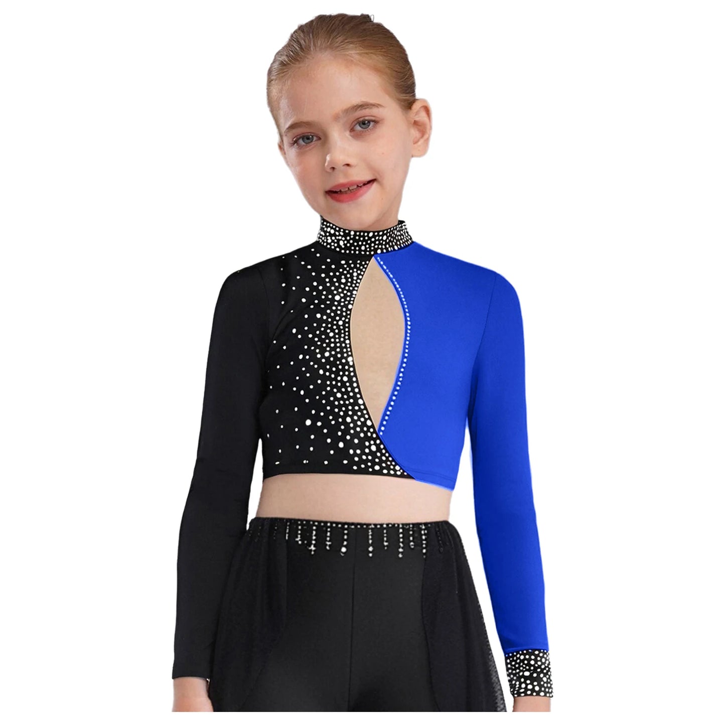 Kids Girls Lyrical Jazz Dance Costume Figure Skating Gymnastics Dancewear Long Sleeve Color Block Crop Top+Bell-Bottomed Pants
