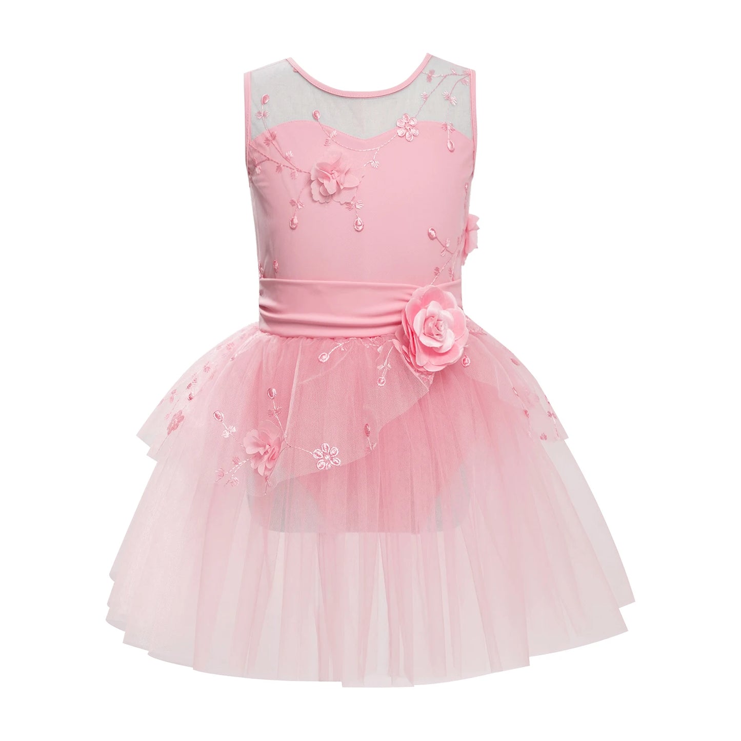 Kids Girls Ballet Dance Dress Ballerina Princess Costume Applique Embroidered Figure Skating Leotard Dress for Stage Performance