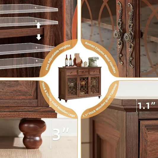 Farmhouse sideboard buffet cabinet for dining room and living room, solid wood construction, brown finish, 48-inch large creden