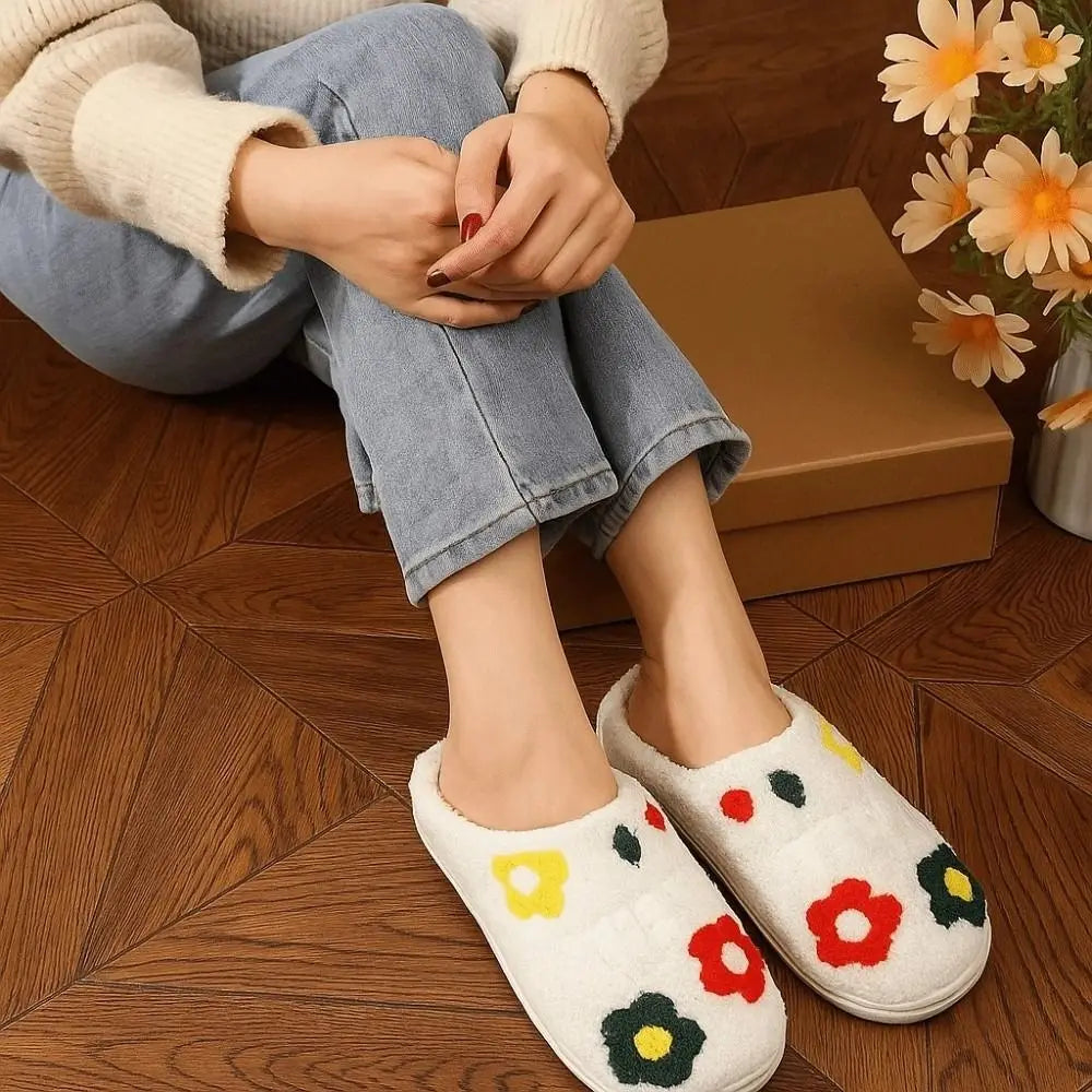 Soft Flowers Cotton Slippers Fluffy Slides Thickened Winter Warmer Slippers Cartoon Green Haired Warm Home Cotton Shoes Men