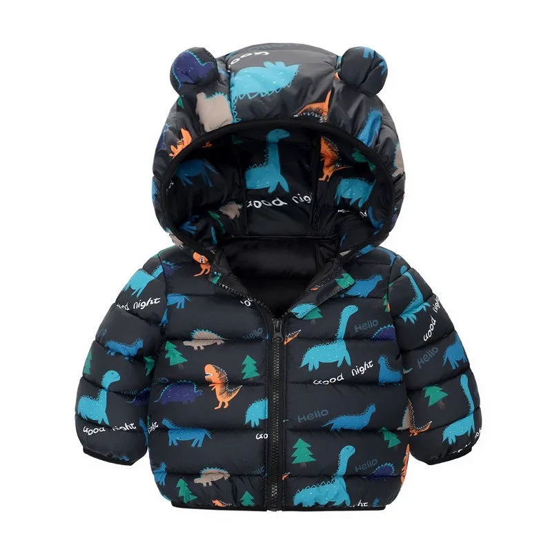 Children Boys Baby Hooded Lightweight Down Jackets Warm Outerwear Autumn Kids Girls Coats Cartoon Dinosaur Print Casual Clothing