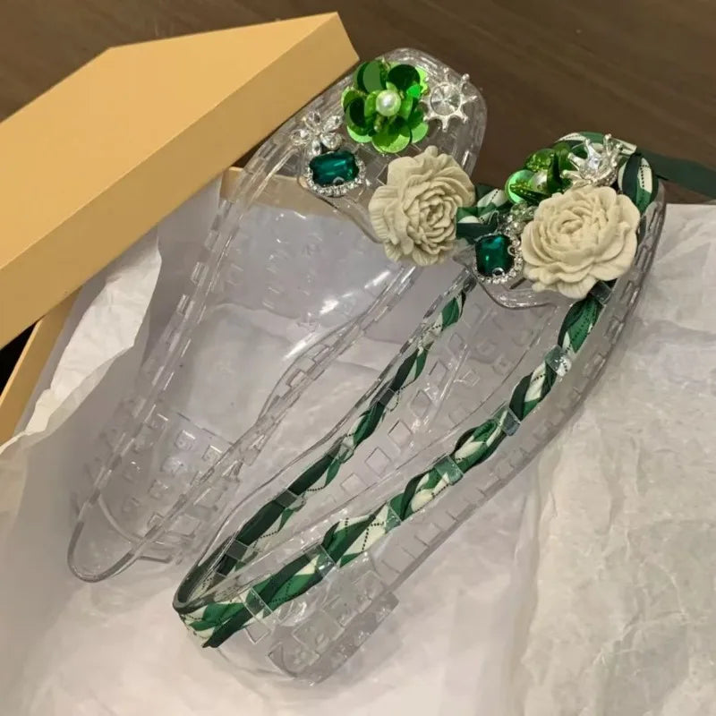 New Style Square-toe Open-toe Sandals with Flat Sole Jelly-style Shoes DlY Shoes Floral Handcrafted Withcrystals and Nettin