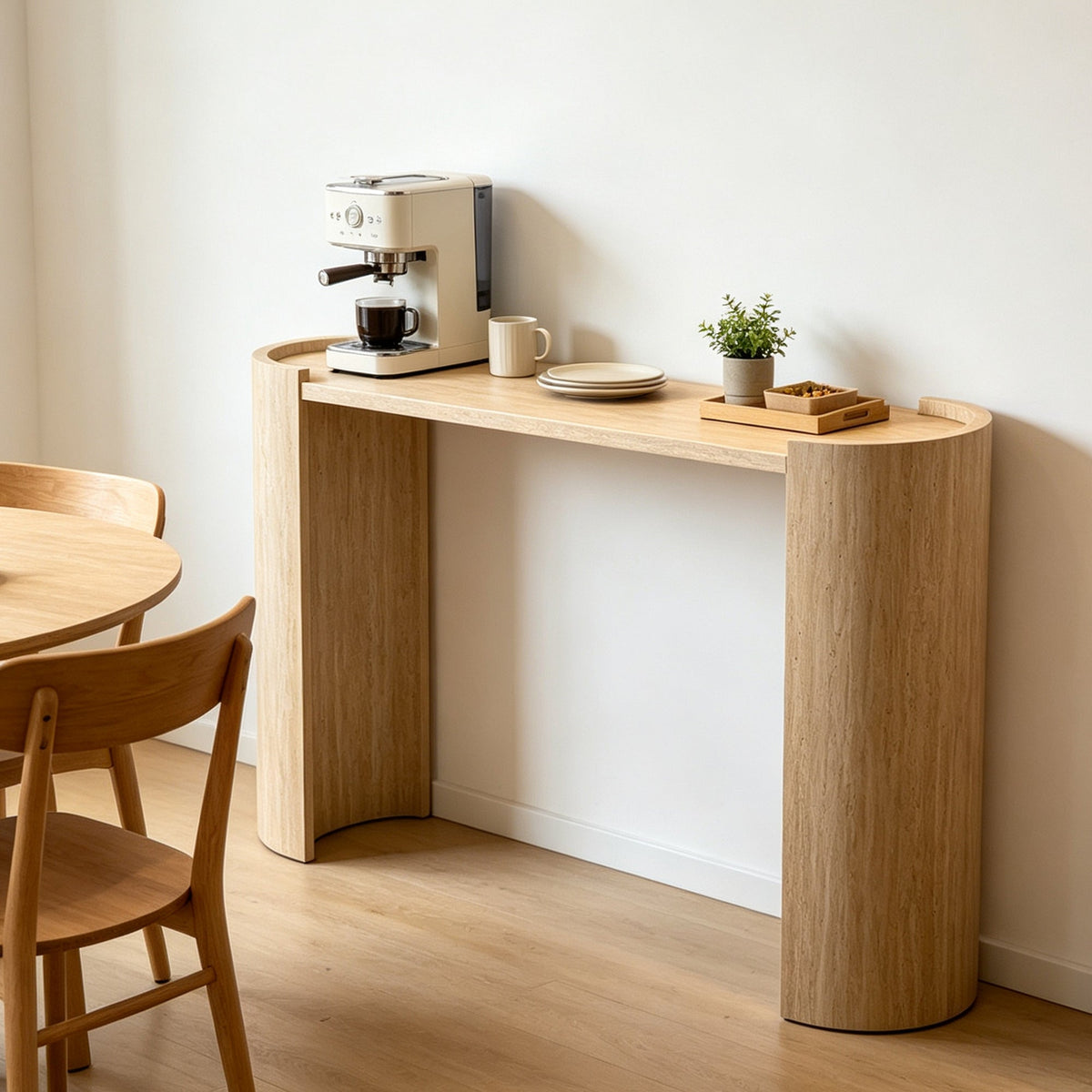 Curved Console Table with U-Shaped Legs and a Natural Wood-Grain