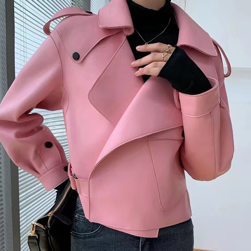 Women's Sheepskin Coat Plus Size Short Loose Veste Femme Large Lapel Pocket Gray/Dark Green/Pink/Khaki Locomotive Leather Jacket