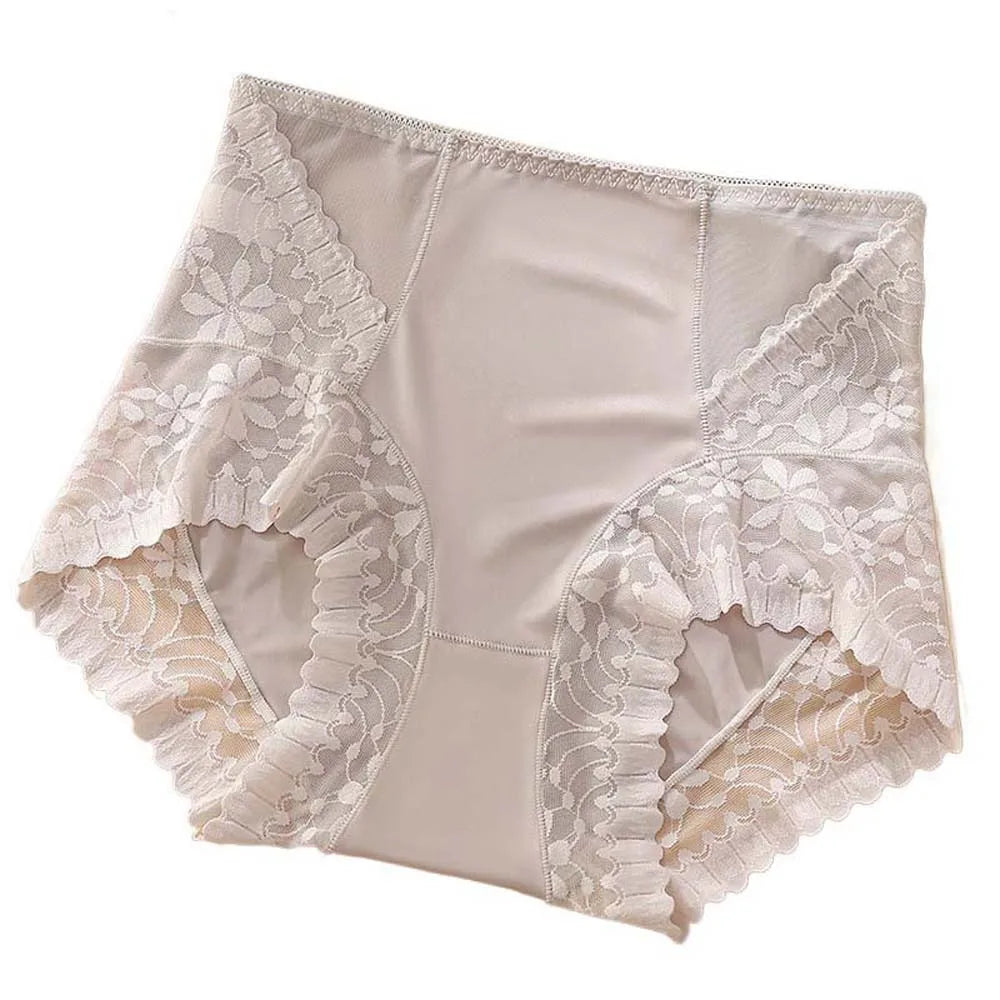 Satin Women Silk Panties Lingeries Belly Contracting Plus Size Briefs High Waist Solid Color Ice Silk Lace Underpants Girls