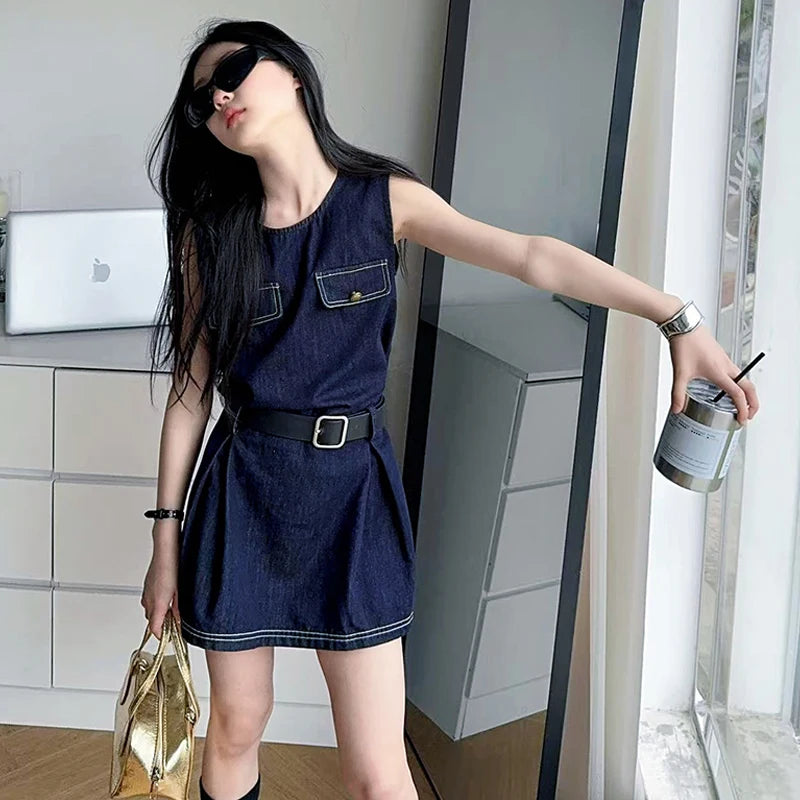 Stylish Kids Fashion Denim Bodysuit Dress for Girls Vintage Dark Blue Jeans Skirt With Belt Child Trendy Streetwear Outfit 5-14Y