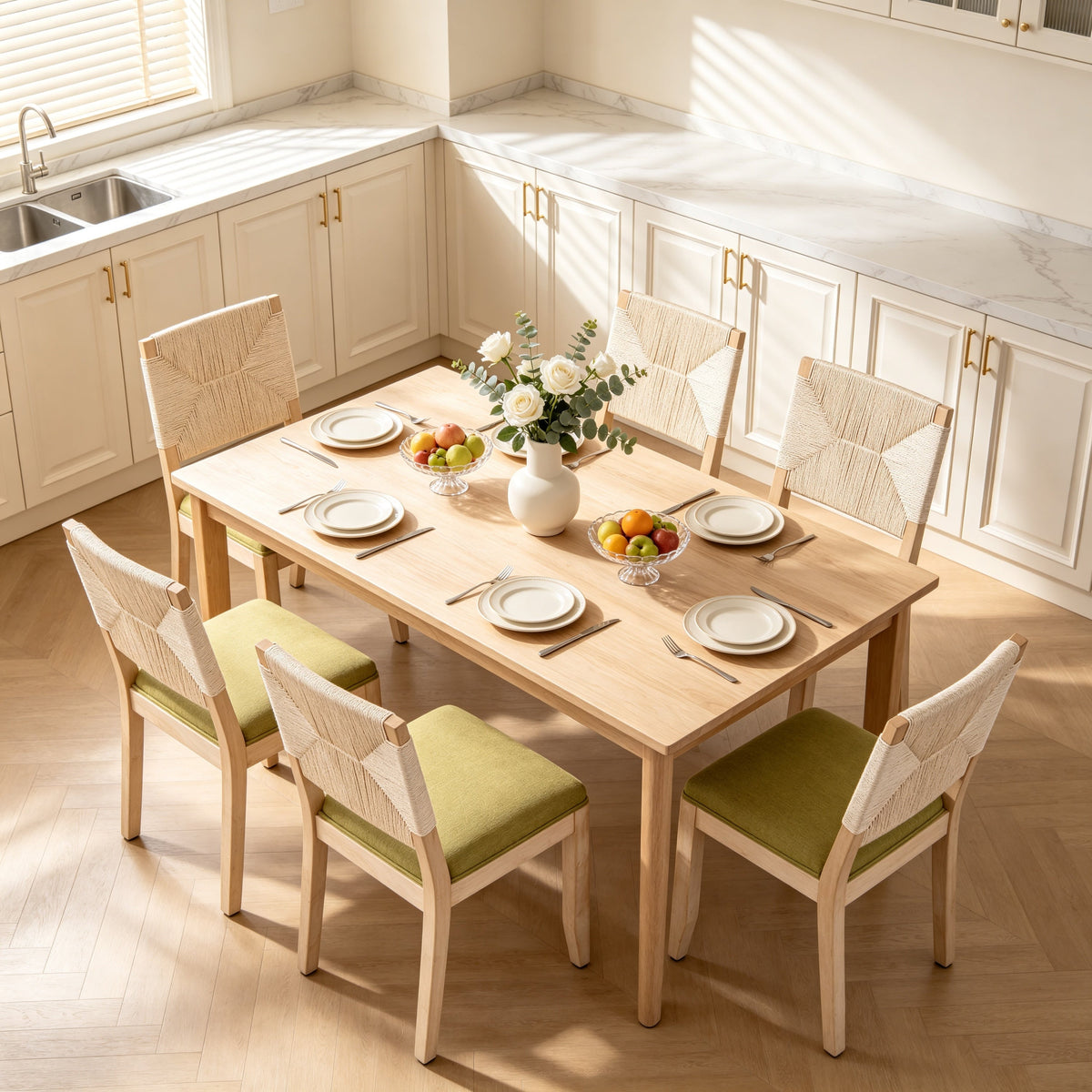 Dining Chairs Set of 2 with Woven Rope Backs and Linen Seats, French