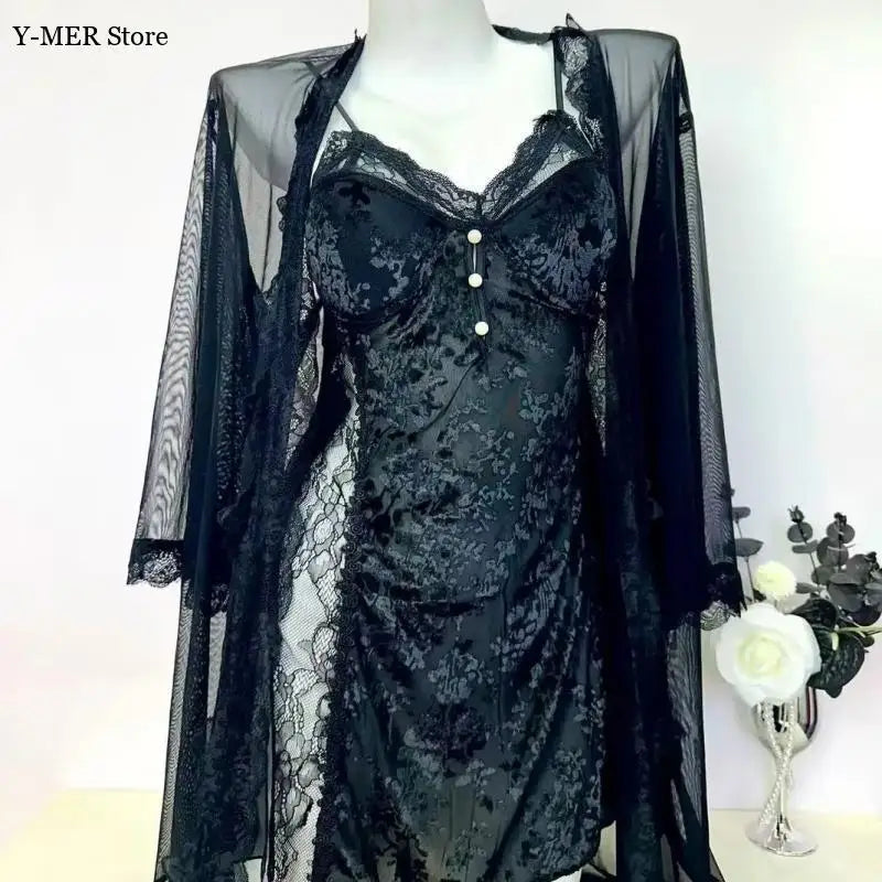 2025 New Balck Lace Patchwork Sling Nightdress Set Women Sexy Mesh Robe Jacquard Flower Home Dressing Gown Women Lingerie