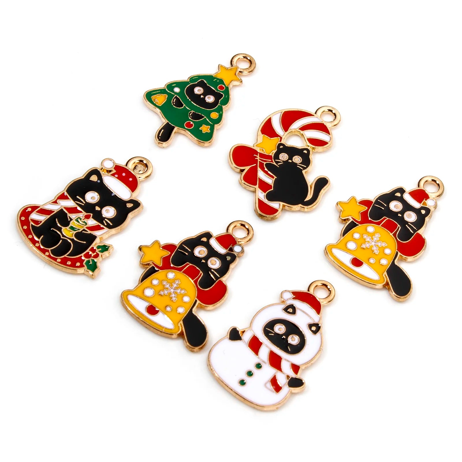 10pcs New Christmas Charms Multicolor Cat Animal Christmas Tree Bell Enamel Metal Pendants DIY Women Necklace Earrings Jewelry