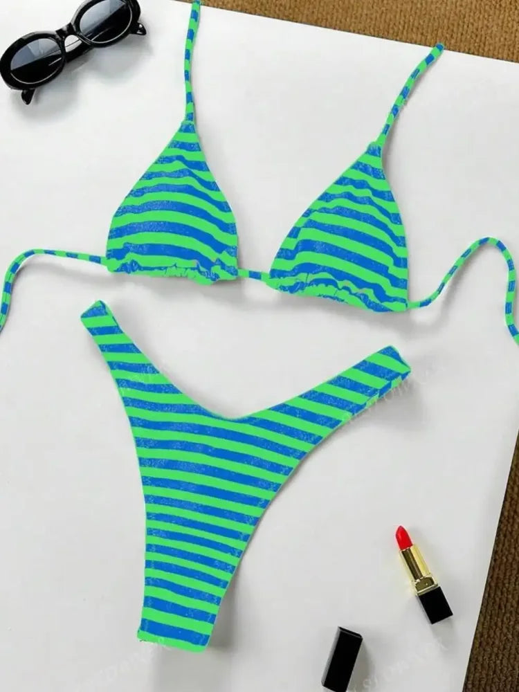 2025 New Beach Vacation Fashion Personality ins Style Bikini Suit Y2K Sexy Hot Girls Striped Printed Triangle Lingerie Underwear