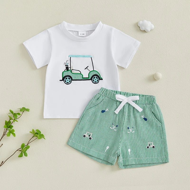 Kids Boys Shorts Set, Short Sleeve Embroidery Golf Cart T-shirt with Striped Shorts Toddler Set Summer Outfit