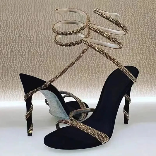 2025 New Luxury Women's Sandals Sexy Gold Rhinestone Snake Surrounding Crystal Contrast High Heels Banquet Wedding Shoes