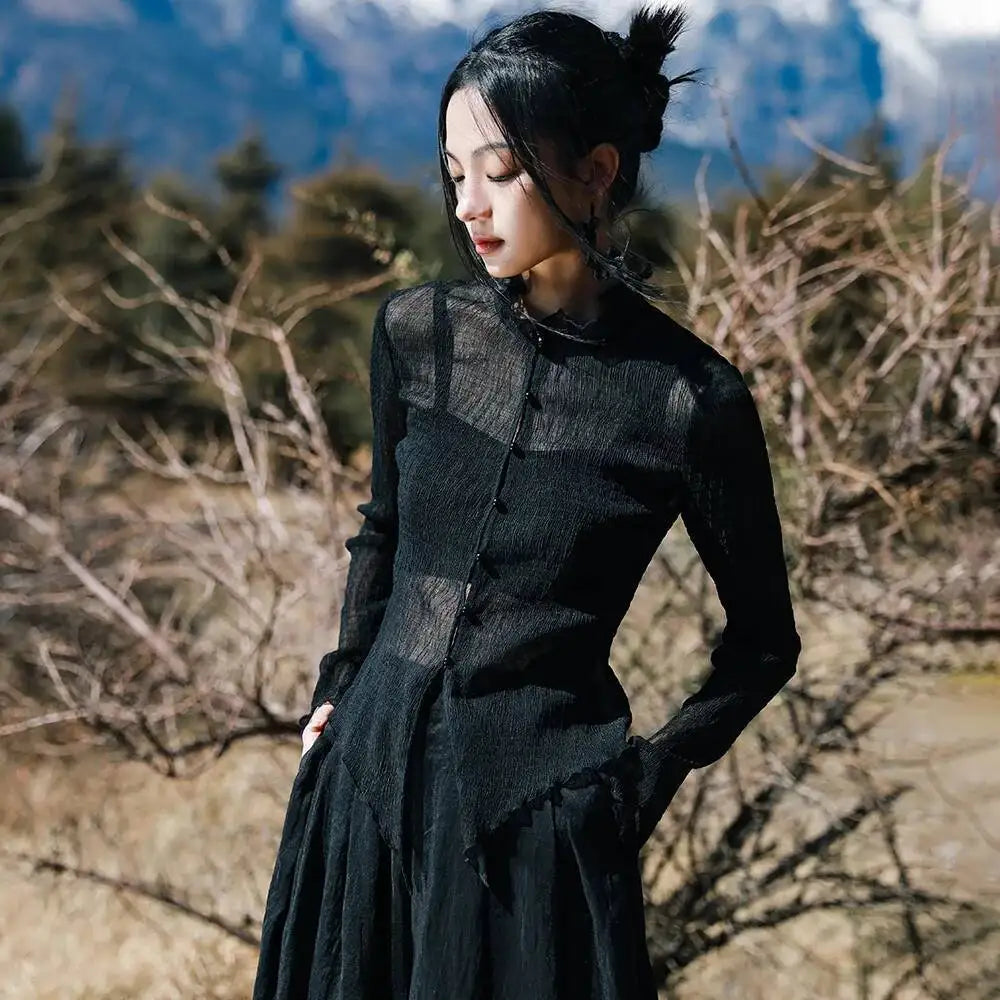 UMI MAO Retro Top Texture Chiffon Perspective Long Sleeve Shirt Women Summer Irregular Sunscreen Shirt Thin Cardigan Top Coat