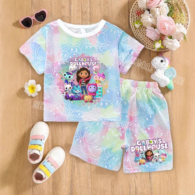 2pcs Gabby Dollhouse Sets Summer Breathable Sweat Absorbent Kids Clothes Baby Girls Kawaii anime Smile Short Sleeve Thin Suit