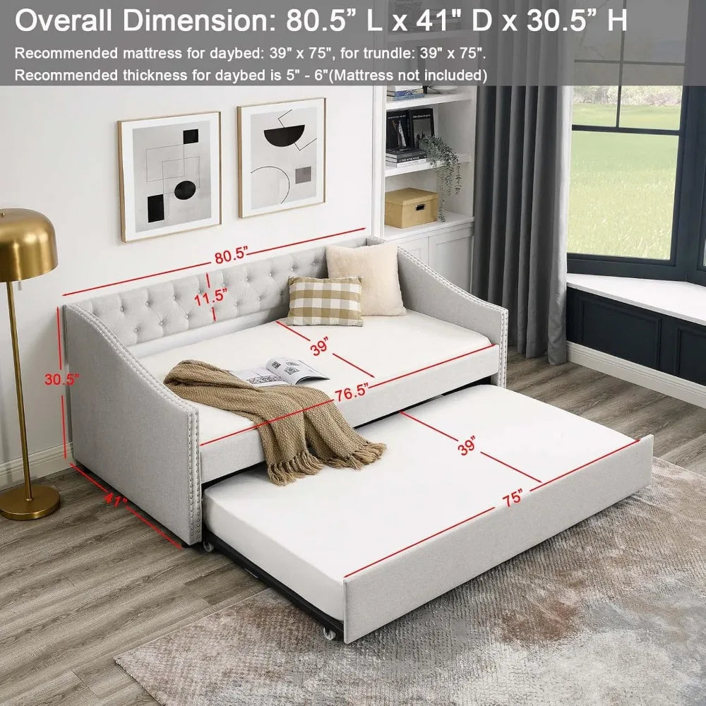 Antetek Daybed with Trundle, Modern Velvet Upholstered Twin Size Day Bed Button-Tufted Sofa Daybed Frame and A Trundle, No Box S