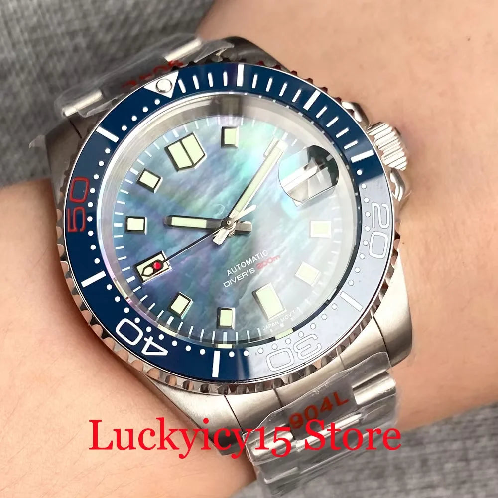 Customized NH35A Automatic Mechanical Watch Men Black Mother of Pearl Dial Luminous 200mWaterproof 40MM Brushed Case Date Cyclop